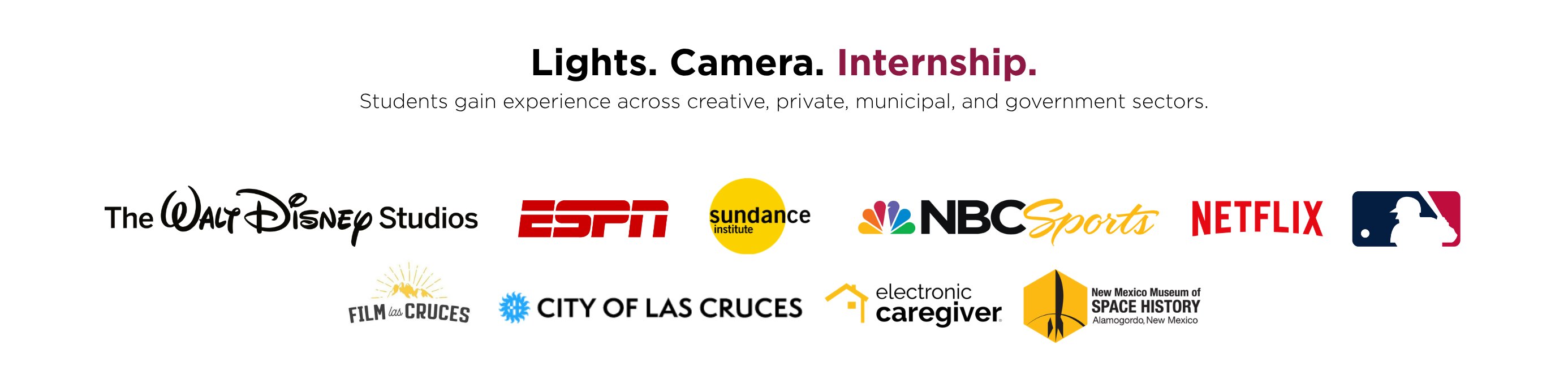 Logos of internship partners, including The Walt Disney Studios, ESPN, Sundance Institute, NBC Sports, Netflix, and MLB.